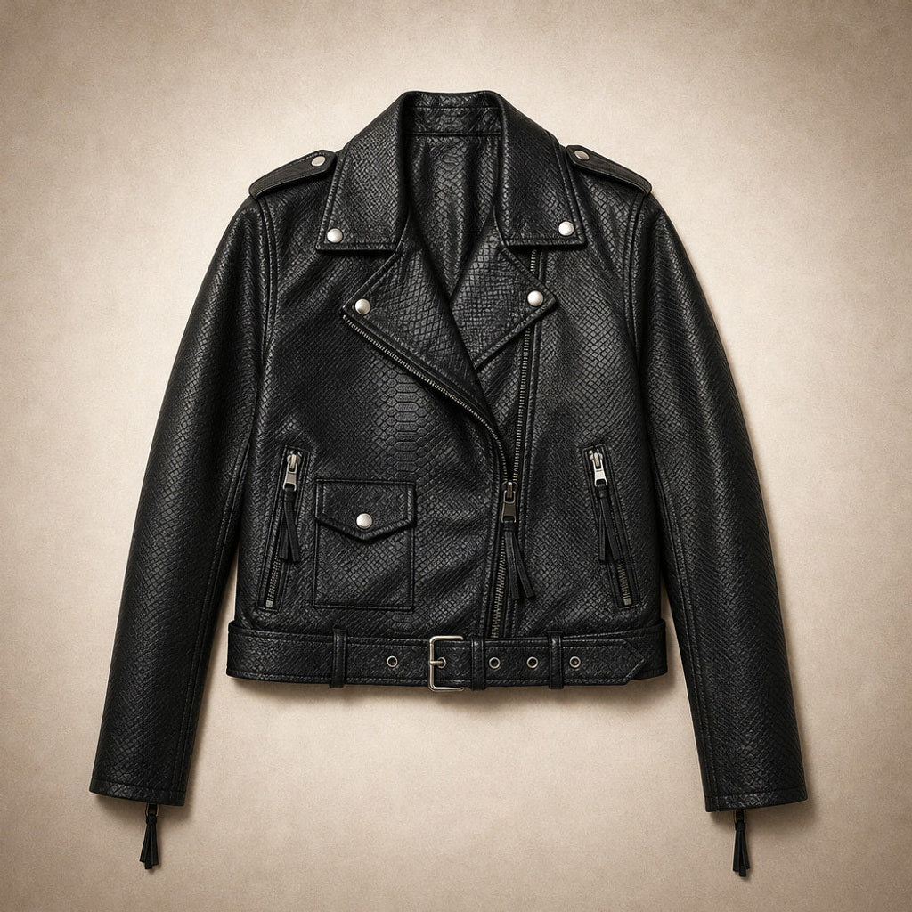 Hildtrud | Bikerjacke mit Schlangenprint Slim Fit Schwarz – Flatlay-Produktfoto