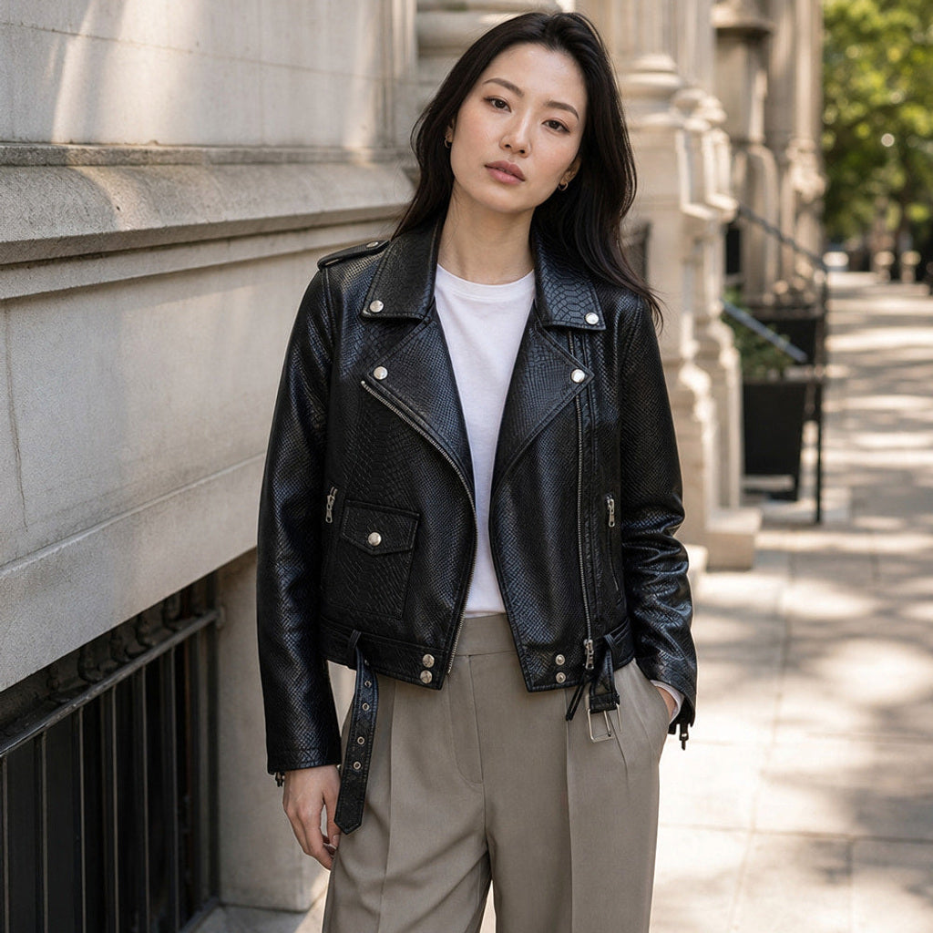 Hildtrud | Bikerjacke mit Schlangenprint Slim Fit Schwarz – Gestyltes Editorial-Foto