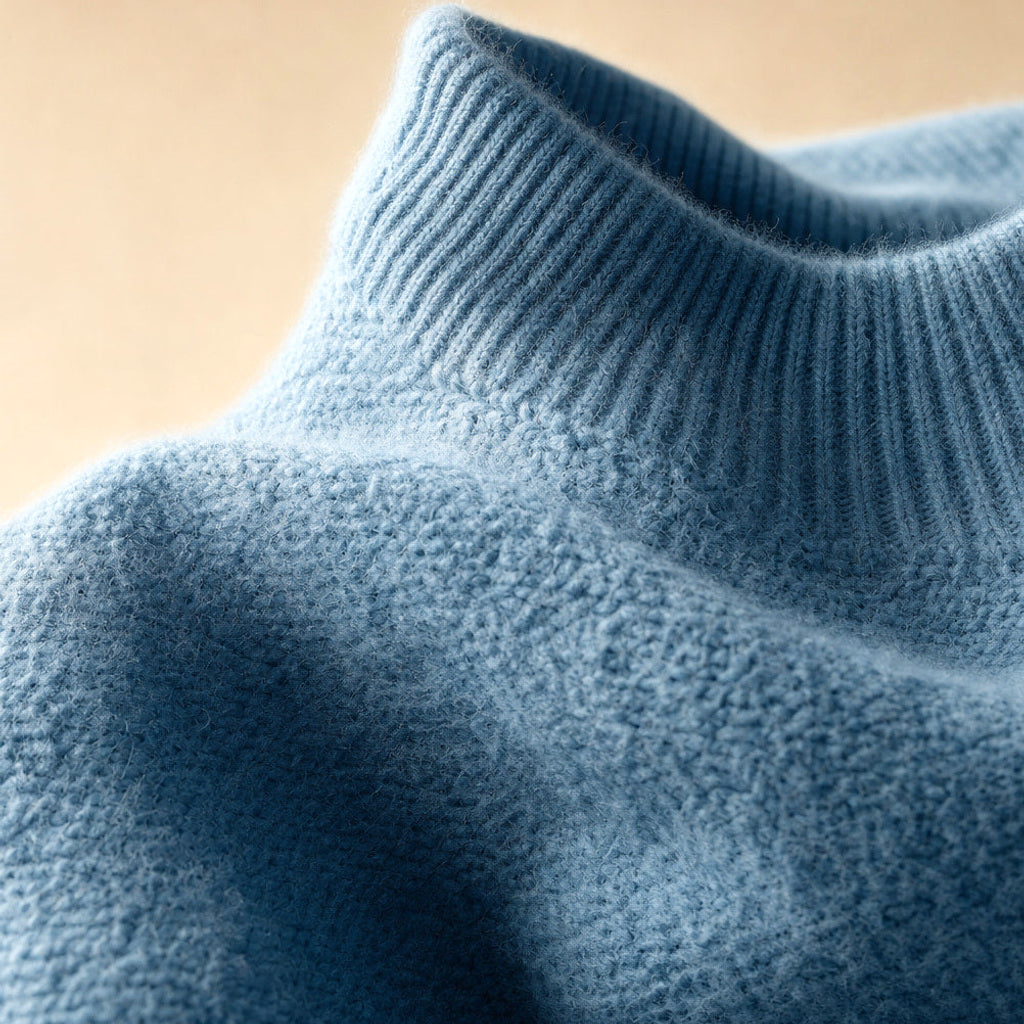 Hiltraud | Rollkragenpullover mit weitem Schnitt und Rippbündchen Blau – Stoff- und Detailaufnahme