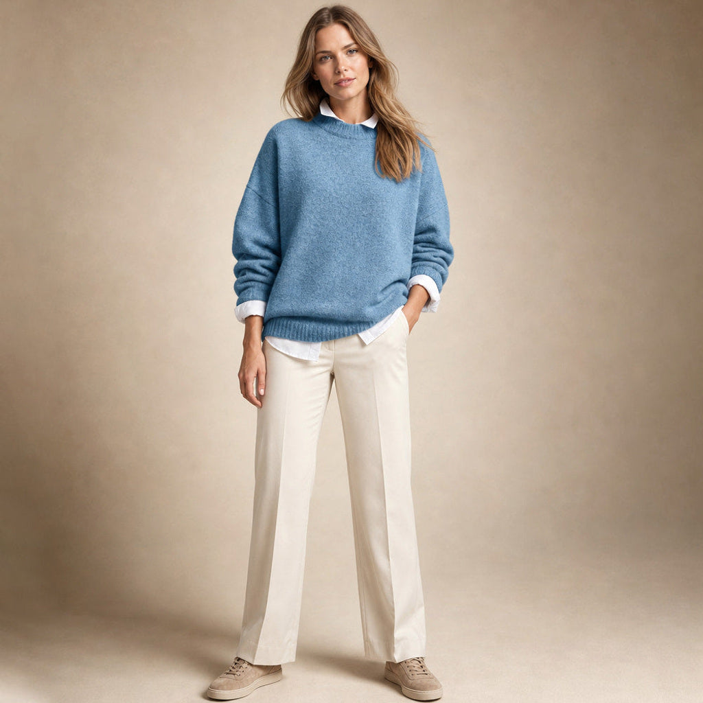 Hiltraud | Rollkragenpullover mit weitem Schnitt und Rippbündchen Blau – Gesamtlook