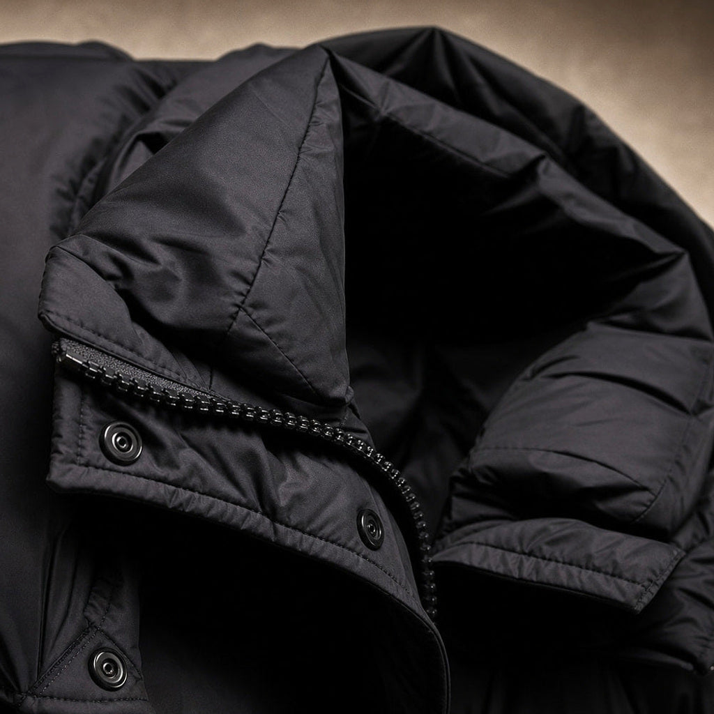 Huguette | Steppjacke mit weiter Passform und Stehkragen Schwarz – Stoff- und Detailaufnahme