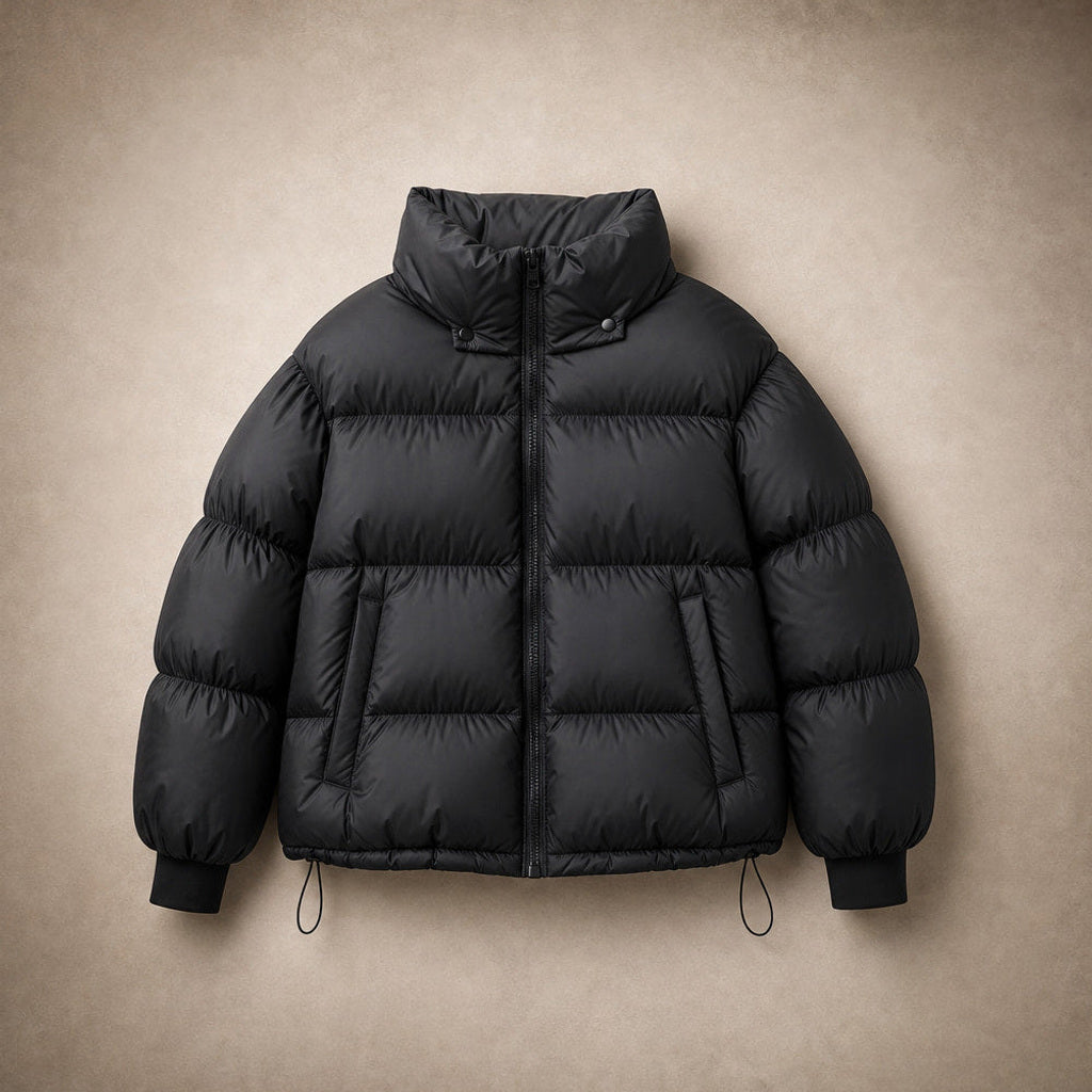 Huguette | Steppjacke mit weiter Passform und Stehkragen Schwarz – Flatlay-Produktfoto