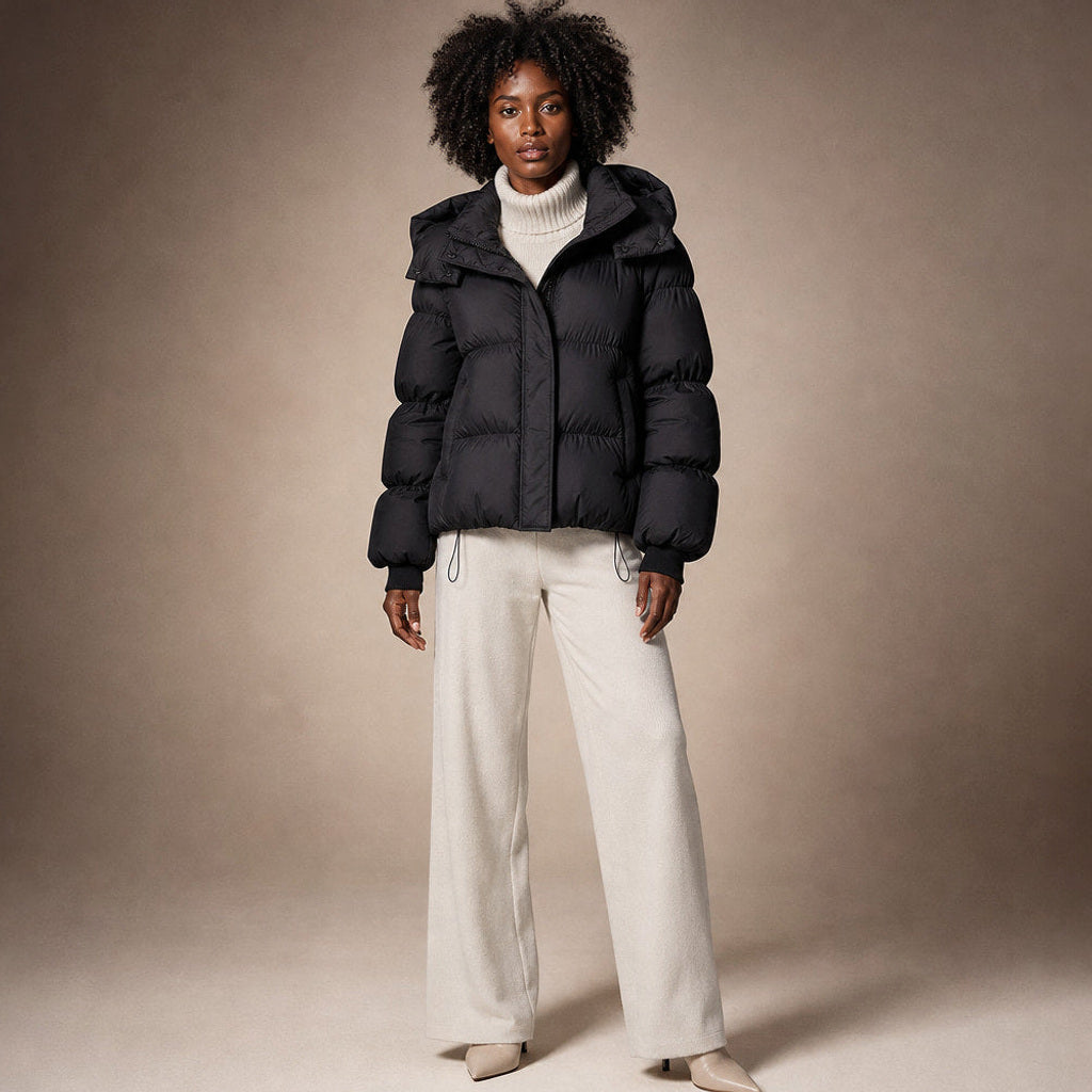 Huguette | Steppjacke mit weiter Passform und Stehkragen in Schwarz – Premium Editorial