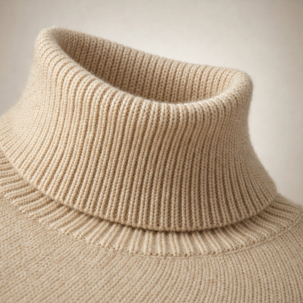 Ilona | Rollkragenpullover mit weichem Rippstrick Beige – Stoff- und Detailaufnahme