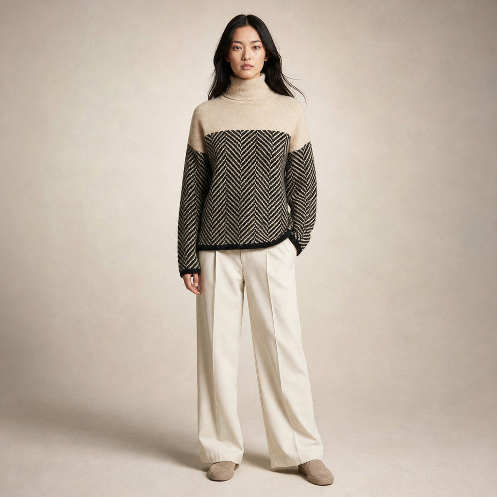 Ilona | Rollkragenpullover mit weichem Rippstrick Beige – Gesamtlook