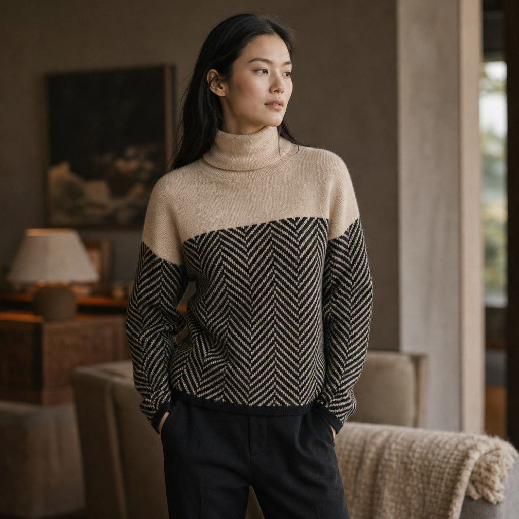 Ilona | Rollkragenpullover mit weichem Rippstrick Beige – Gestyltes Editorial-Foto