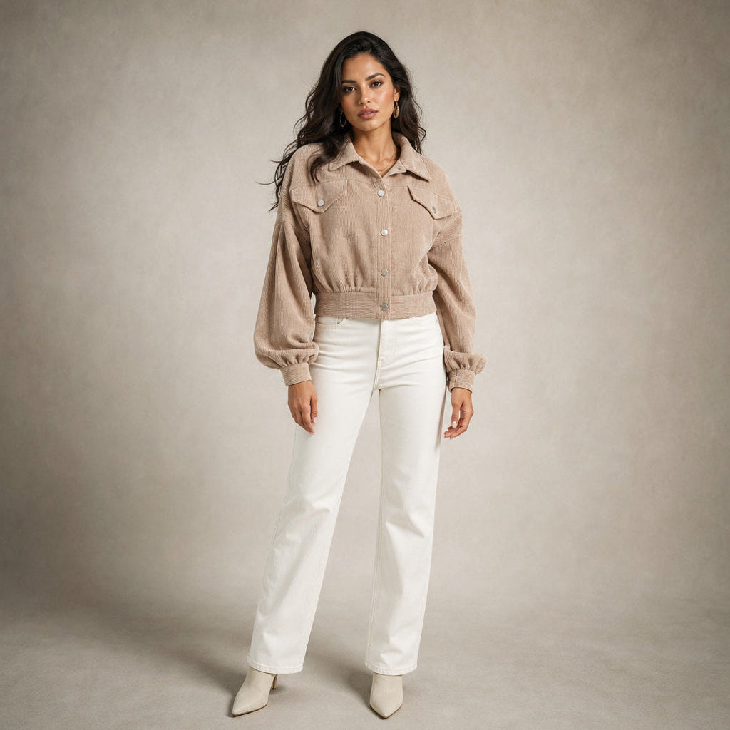 Ilonka | Cordjacke mit Laternenärmeln in Beige – Premium Editorial
