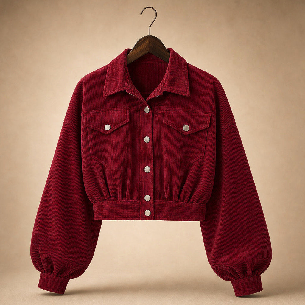 Ilonka | Cordjacke mit Laternenärmeln Dunkelrot – Produktfoto