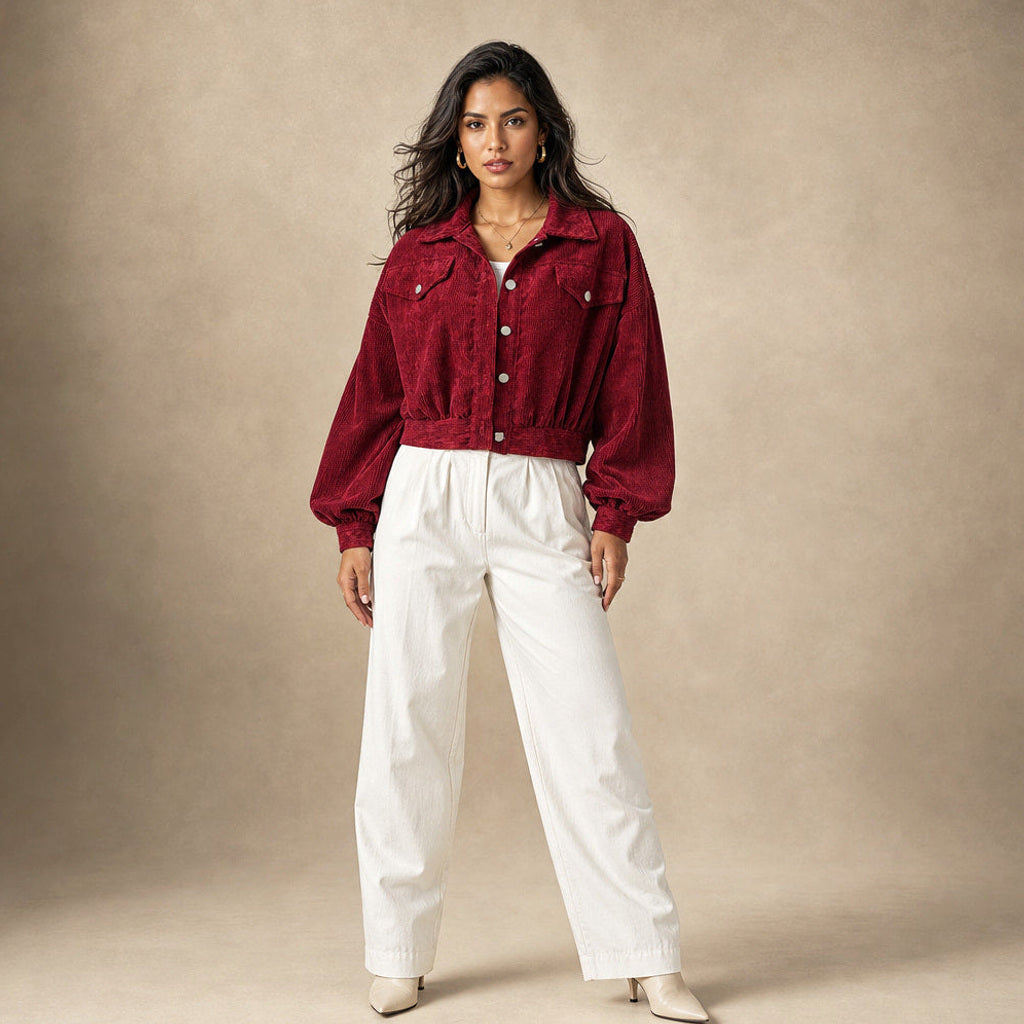 Ilonka | Cordjacke mit Laternenärmeln in Dunkelrot – Premium Editorial