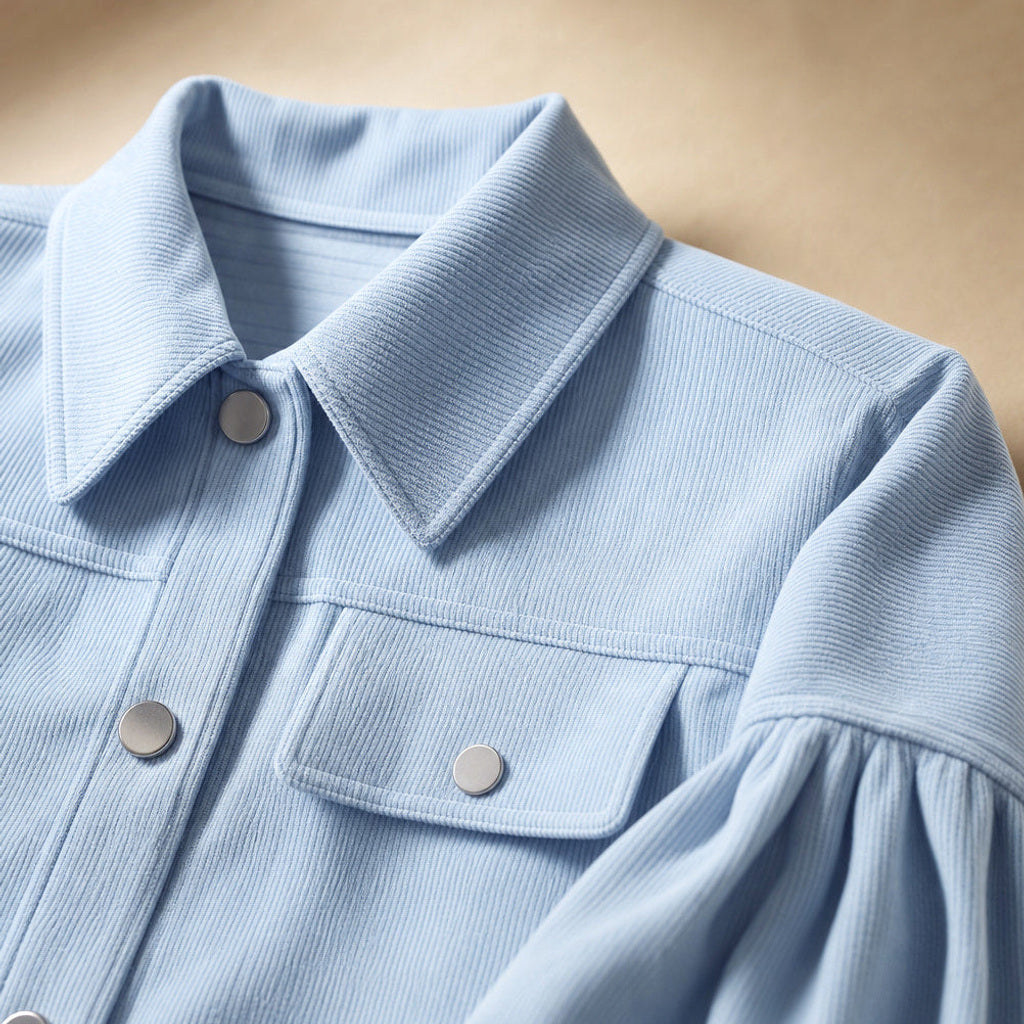 Ilonka | Cordjacke mit Laternenärmeln Hellblau – Stoff- und Detailaufnahme