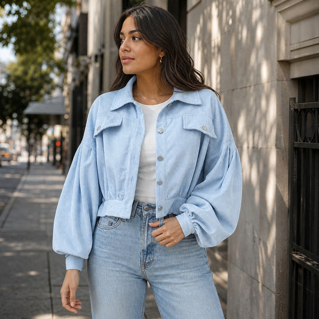 Ilonka | Cordjacke mit Laternenärmeln Hellblau – Gestyltes Editorial-Foto