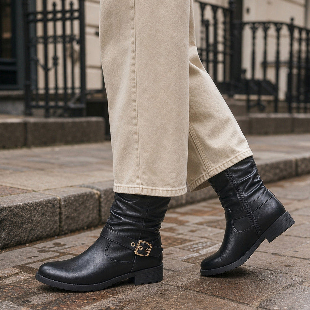 Imhild | Chelsea Boots Schwarz mit Schnalle – Gestyltes Editorial-Foto
