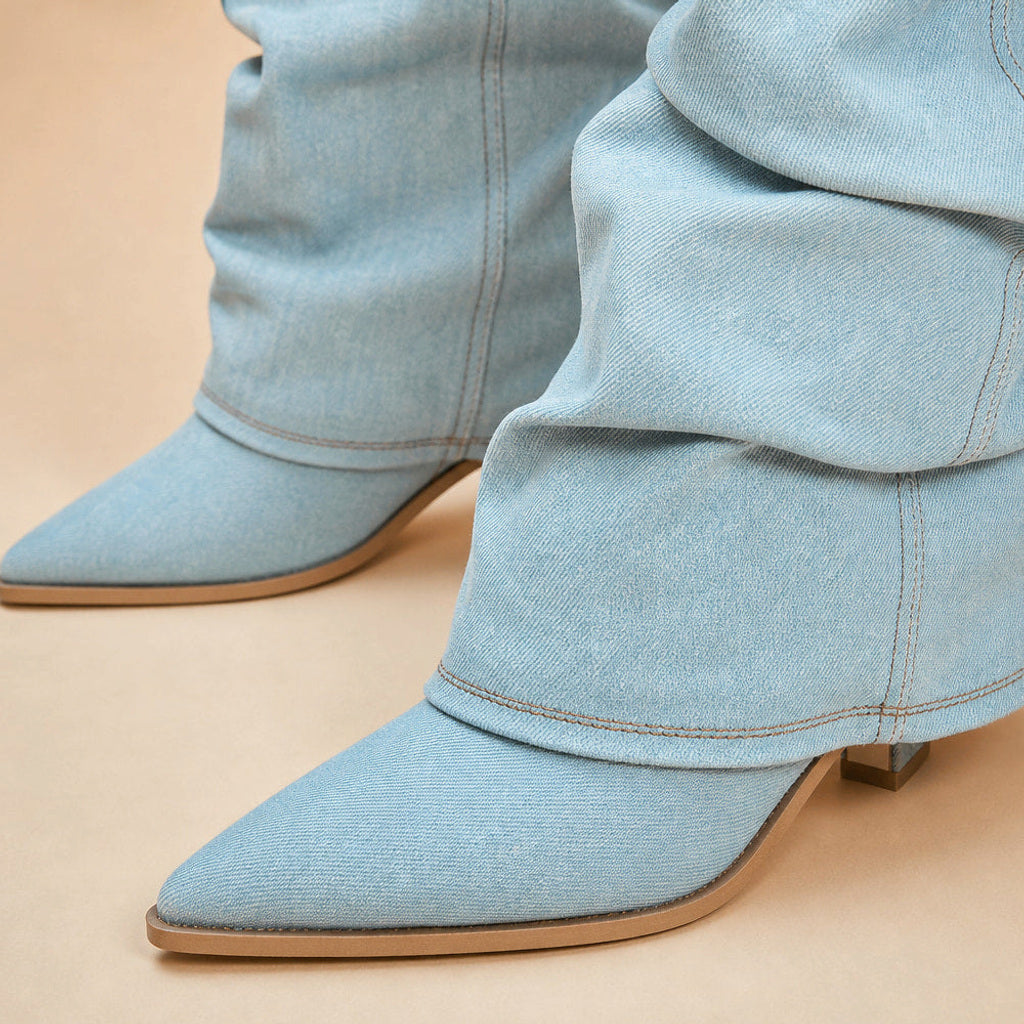 Inge | Cowboystiefel mit Plissee-Schaft Blau Blau – Stoff- und Detailaufnahme