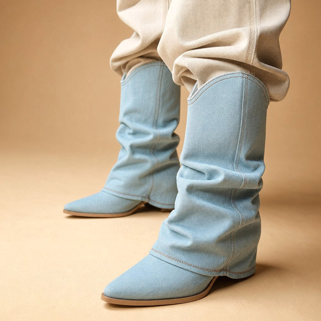 Inge | Cowboystiefel mit Plissee-Schaft Blau in Blau – Premium Editorial
