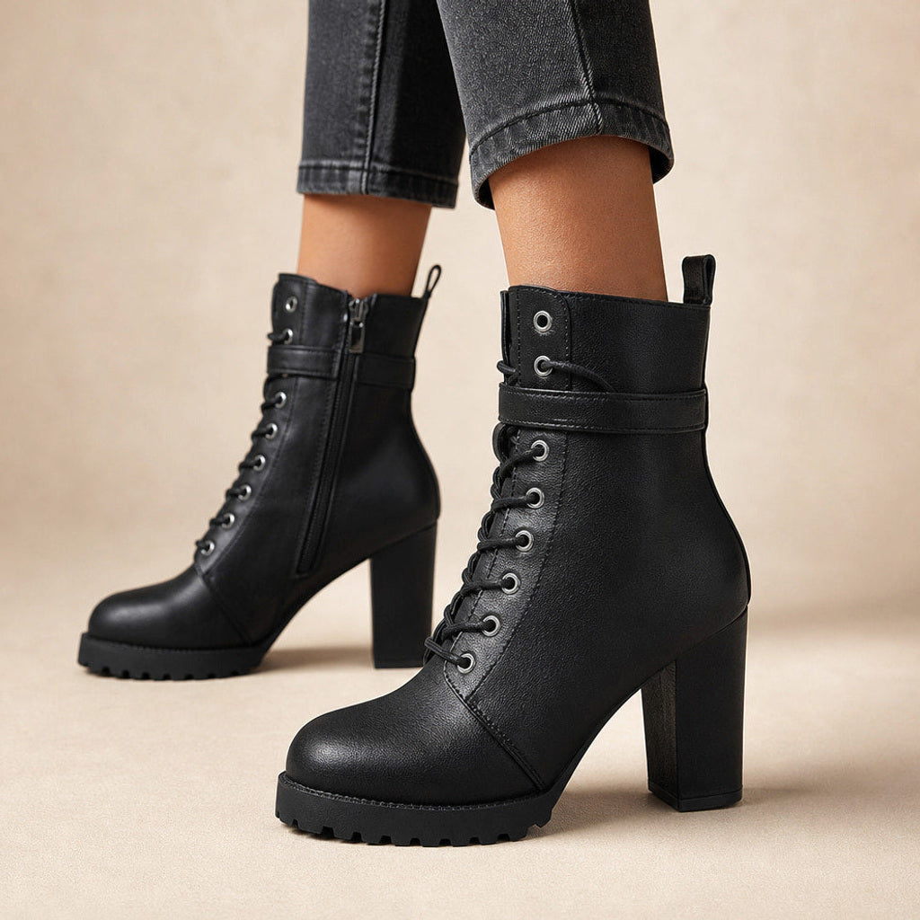 Ingebert | Schnürstiefel mit Blockabsatz und Schnallenriemen Schwarz – Produktfoto