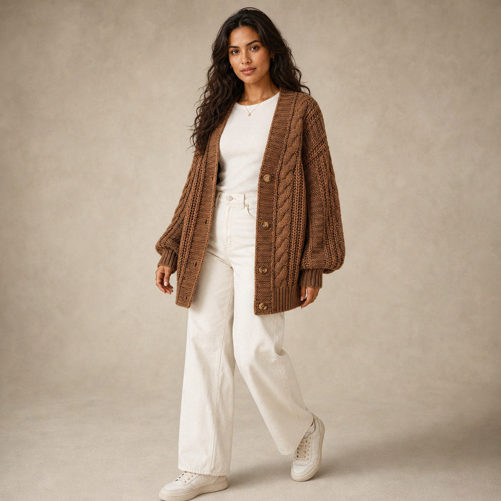 Ingelore | Strickjacke mit Zopfmuster Oversized Braun – Seitenansicht