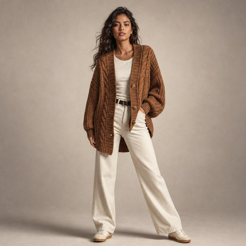 Ingelore | Strickjacke mit Zopfmuster Oversized Braun – Gesamtlook