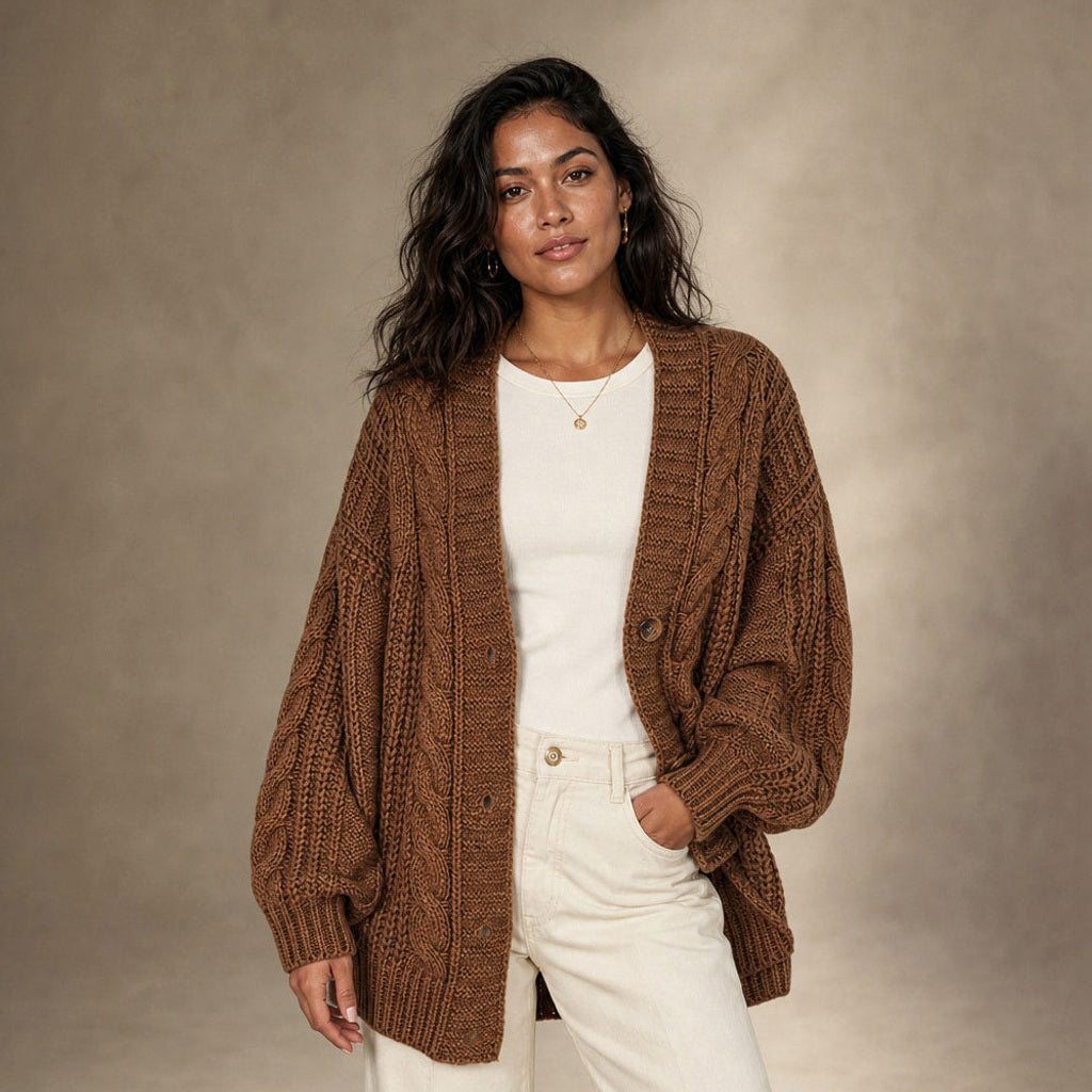 Ingelore | Strickjacke mit Zopfmuster Oversized in Braun – Premium Editorial