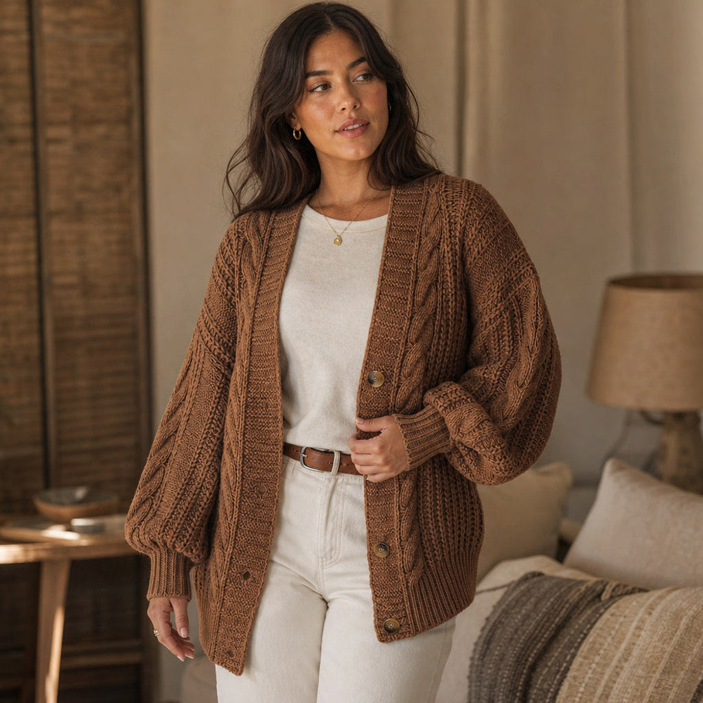 Ingelore | Strickjacke mit Zopfmuster Oversized Braun – Gestyltes Editorial-Foto