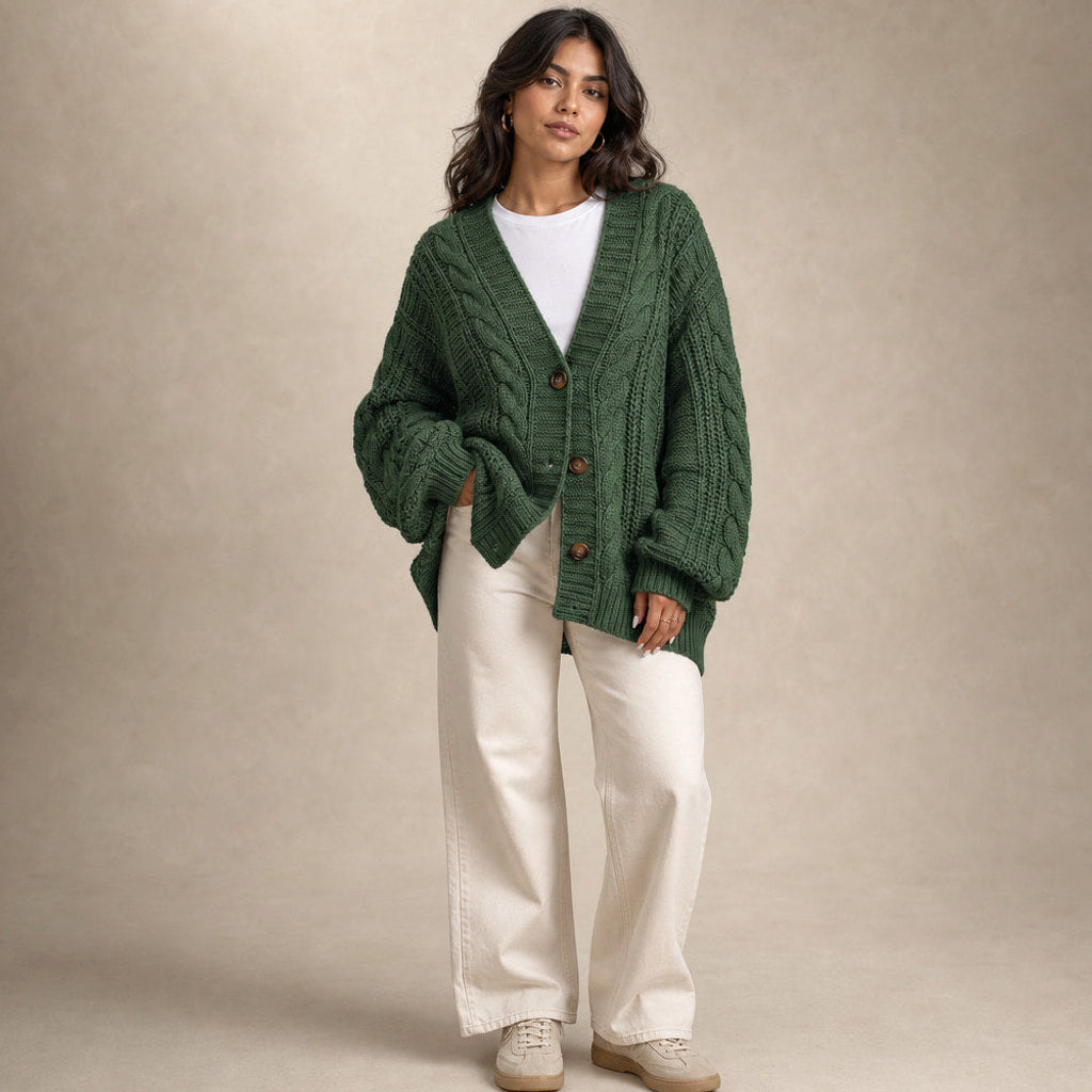 Ingelore | Strickjacke mit Zopfmuster Oversized in Dunkelgrün – Premium Editorial
