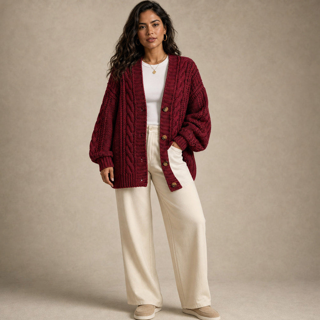 Ingelore | Strickjacke mit Zopfmuster Oversized in Dunkelrot – Premium Editorial