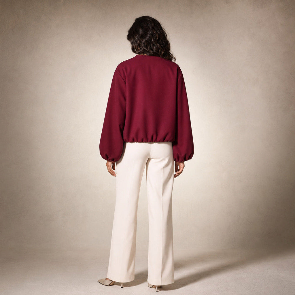 Ingelotte | Blouson mit Ballonärmeln und kurzem Schnitt Weinrot – Gesamtlook