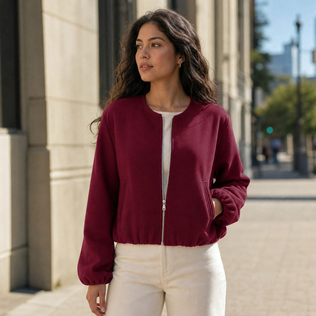 Ingelotte | Blouson mit Ballonärmeln und kurzem Schnitt Weinrot – Gestyltes Editorial-Foto