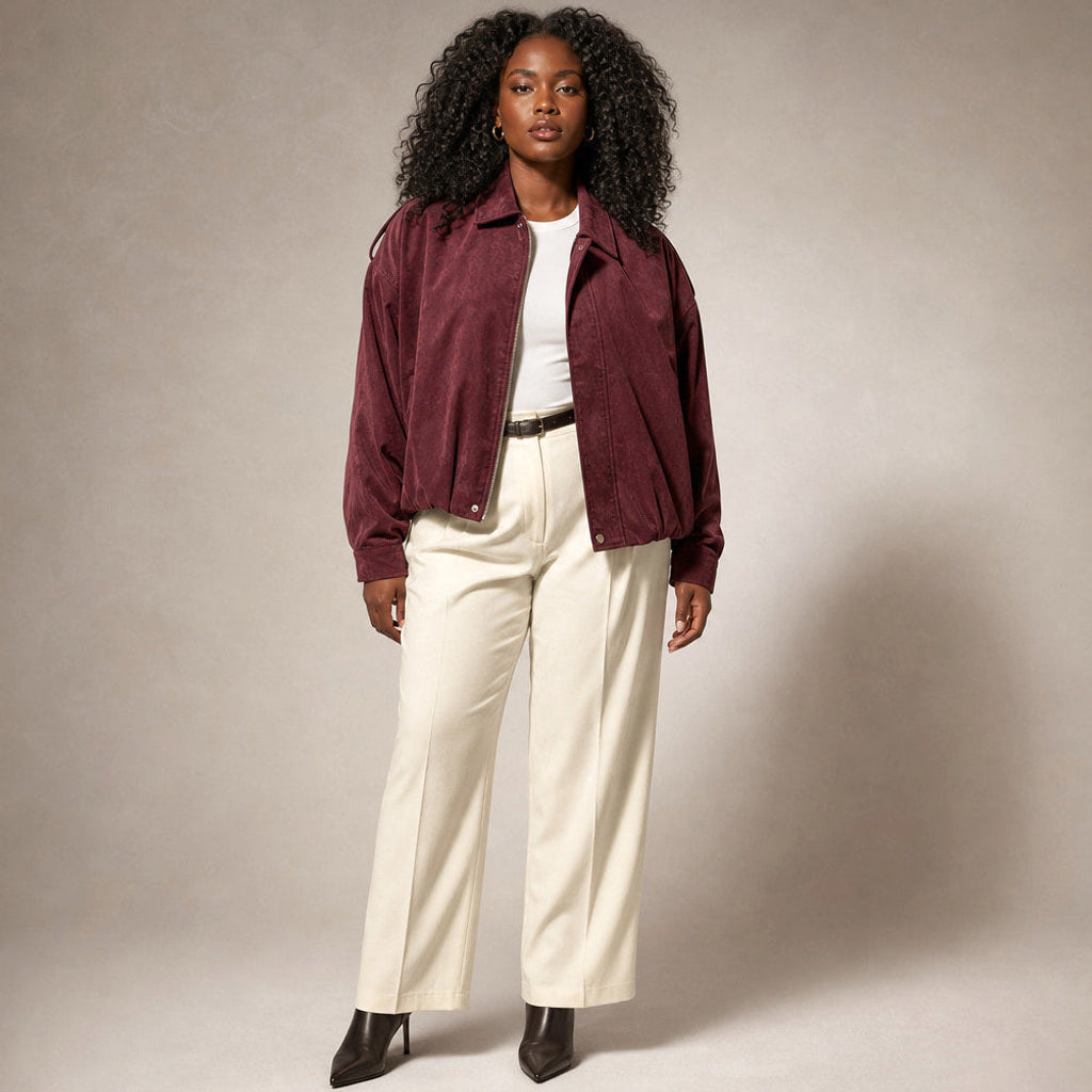 Ingunde | Cropped Bomberjacke mit Stehkragen in Bordeaux – Premium Editorial