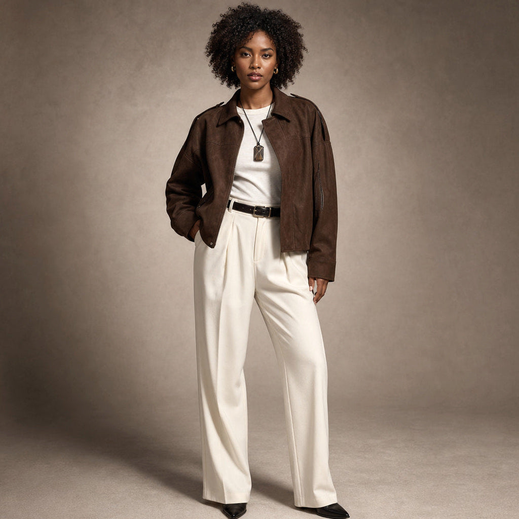 Ingunde | Cropped Bomberjacke mit Stehkragen in Braun – Premium Editorial