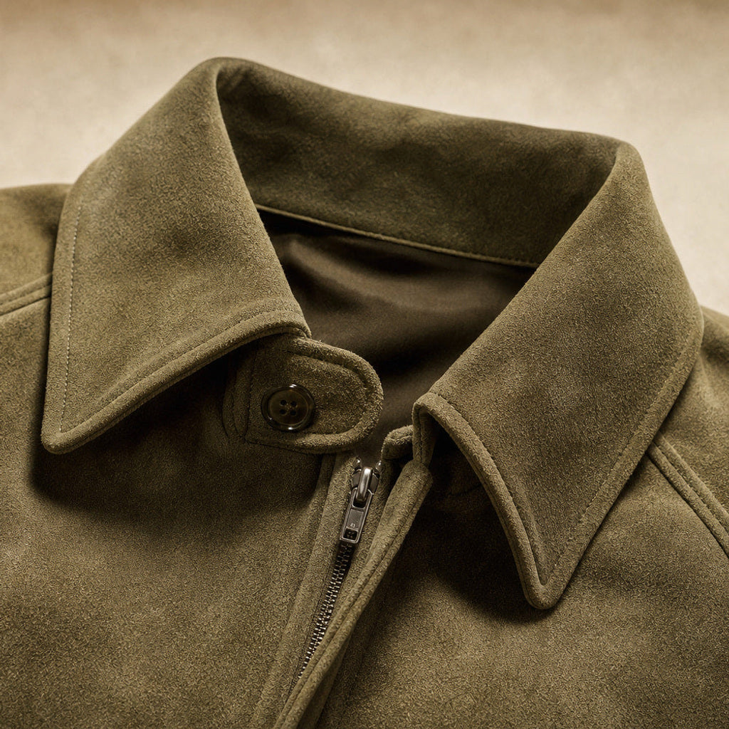 Ingunde | Cropped Bomberjacke mit Stehkragen Grün – Stoff- und Detailaufnahme