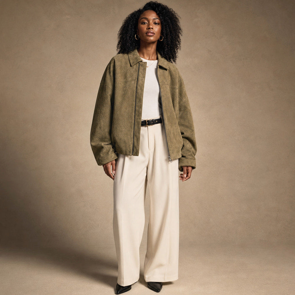 Ingunde | Cropped Bomberjacke mit Stehkragen in Grün – Premium Editorial