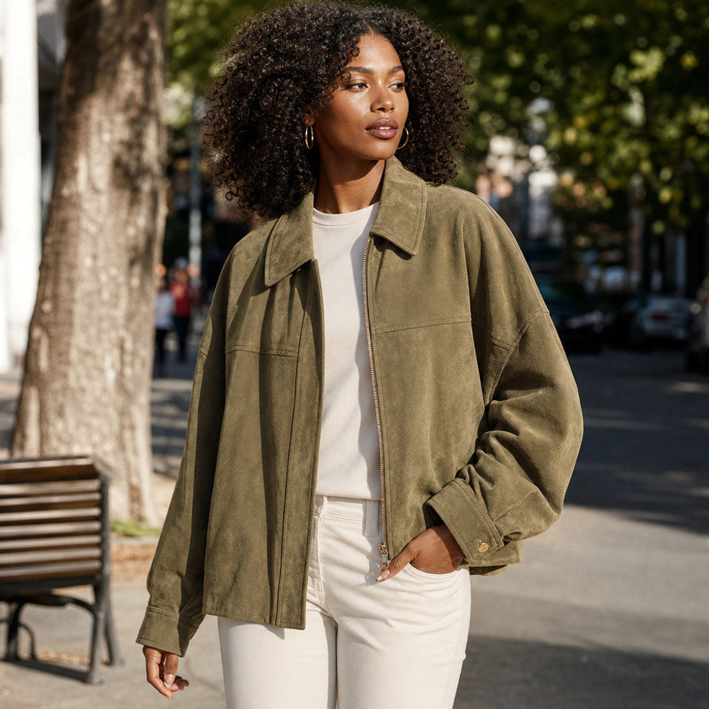 Ingunde | Cropped Bomberjacke mit Stehkragen Grün – Gestyltes Editorial-Foto