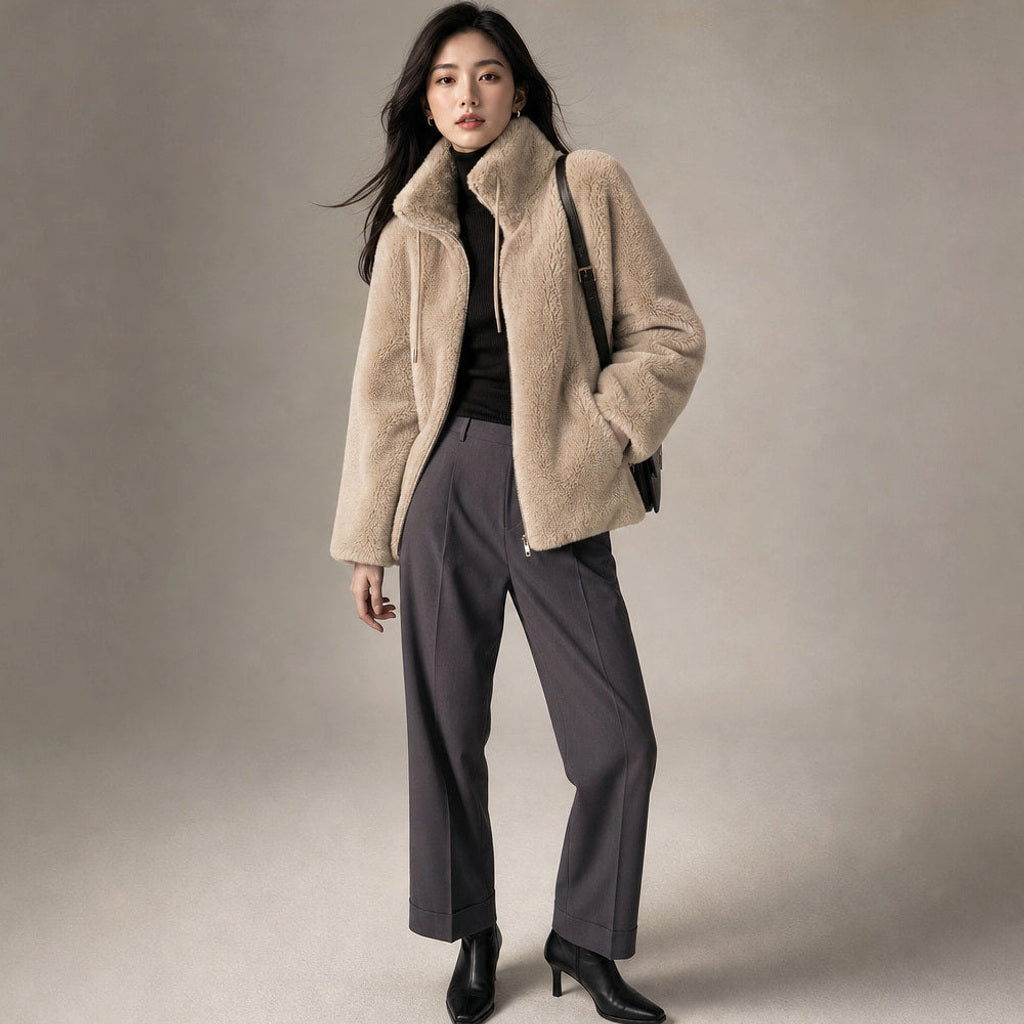 Inkeri | Bouclé-Jacke mit durchgehendem Reißverschluss Beige – Seitenansicht