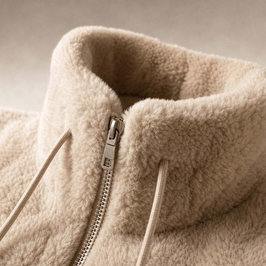 Inkeri | Bouclé-Jacke mit durchgehendem Reißverschluss Beige – Stoff- und Detailaufnahme