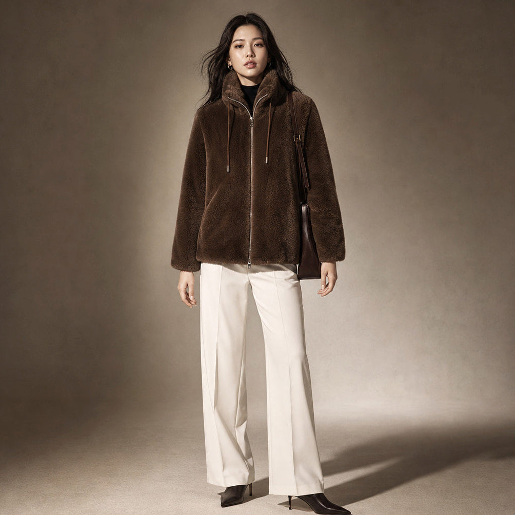 Inkeri | Bouclé-Jacke mit durchgehendem Reißverschluss in Dunkelbraun – Premium Editorial