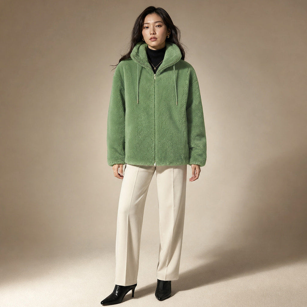 Inkeri | Bouclé-Jacke mit durchgehendem Reißverschluss in Grün – Premium Editorial