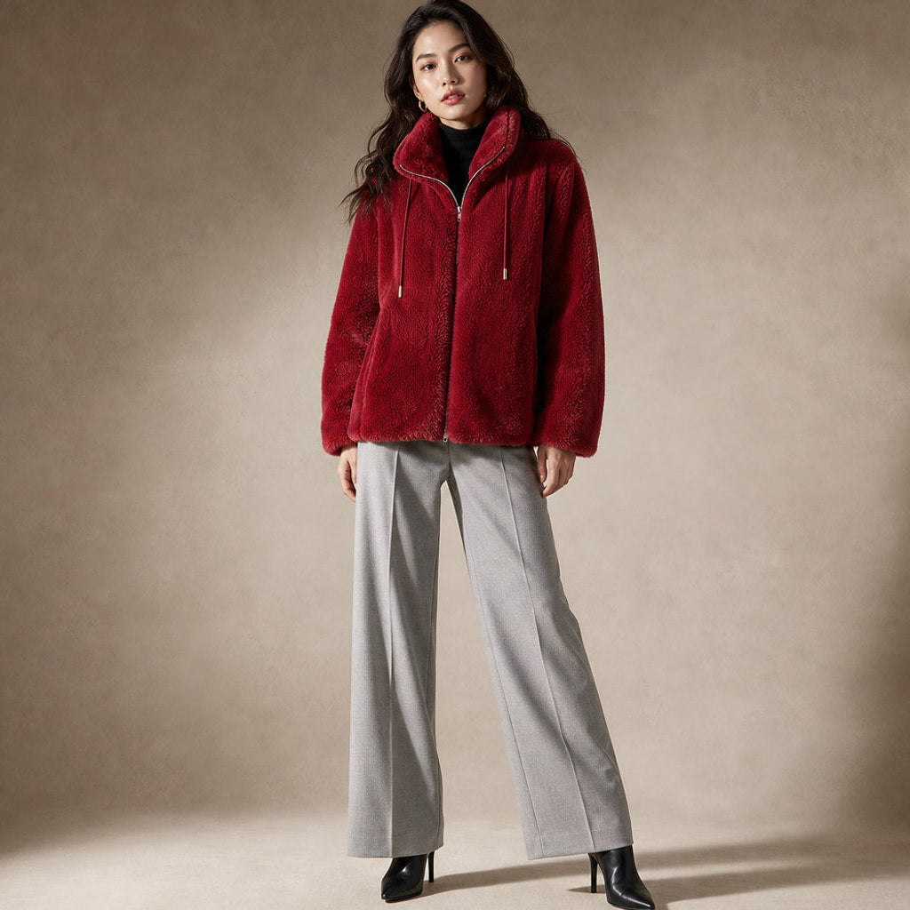 Inkeri | Bouclé-Jacke mit durchgehendem Reißverschluss in Rot – Premium Editorial