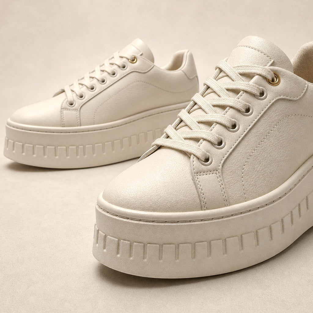 Irmela | Plateau-Sneaker mit Rillensohle Creme – Stoff- und Detailaufnahme