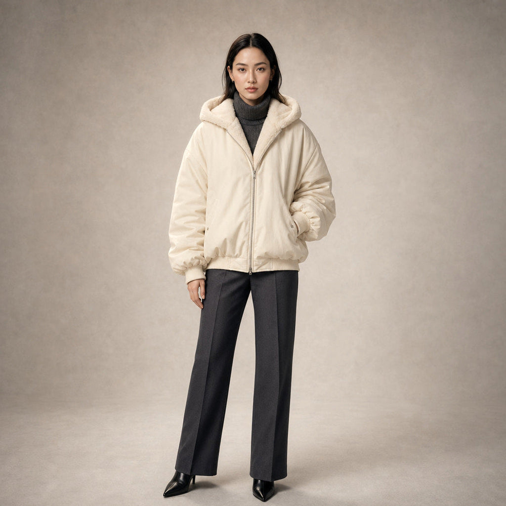Irmgard | Bomberjacke mit Rippbündchen und Zipper in Beige – Premium Editorial