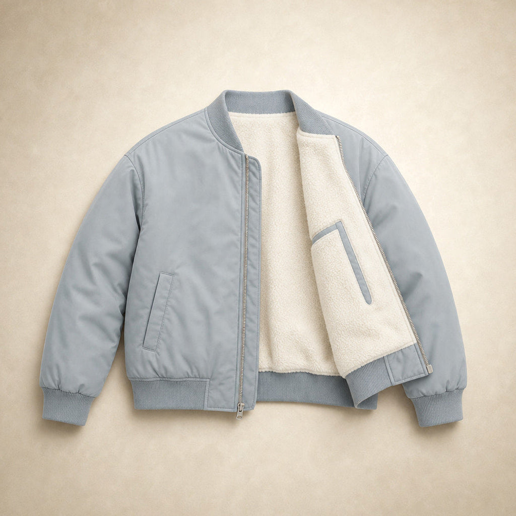Irmgard | Bomberjacke mit Rippbündchen und Zipper – Flatlay-Produktfoto