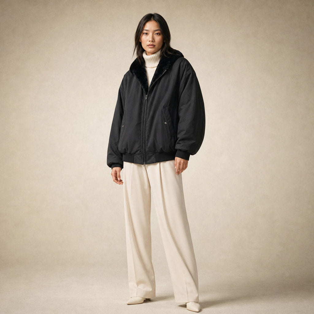 Irmgard | Bomberjacke mit Rippbündchen und Zipper in Schwarz – Premium Editorial