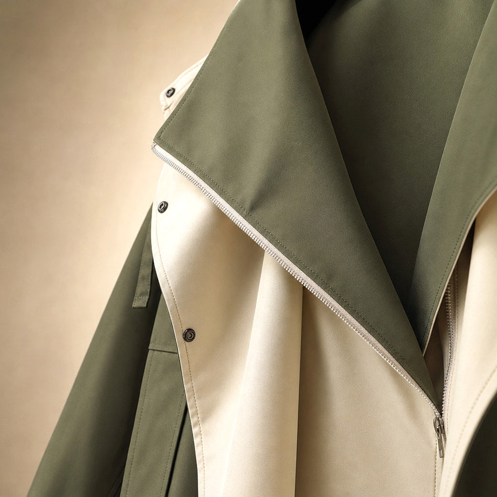 Irmhild | Boucléjacke mit Sturmkragen und asymmetrischem Verschluss Mintgrün – Stoff- und Detailaufnahme