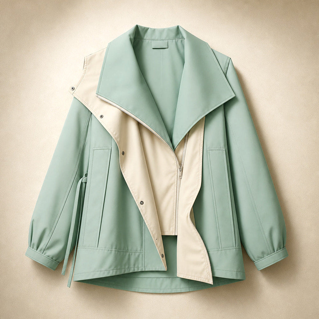 Irmhild | Boucléjacke mit Sturmkragen und asymmetrischem Verschluss Mintgrün – Flatlay-Produktfoto