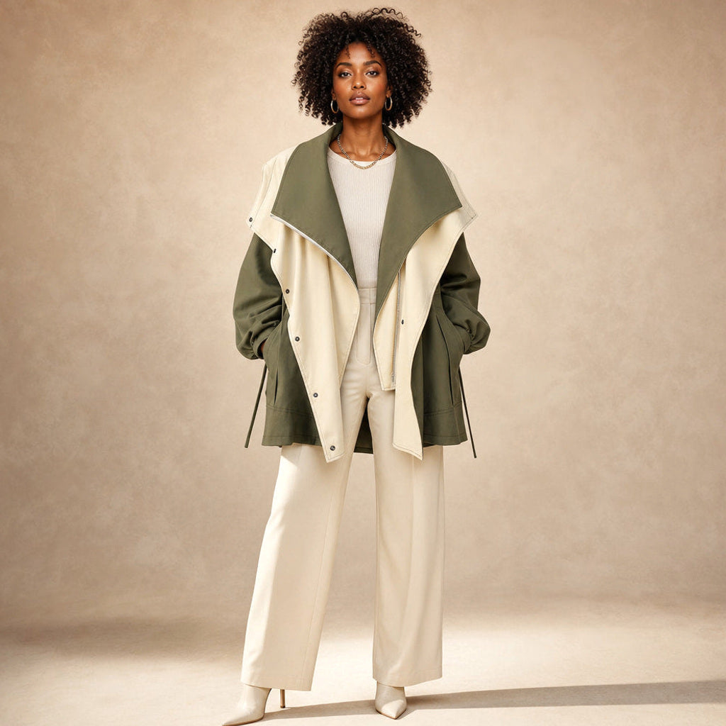 Irmhild | Boucléjacke mit Sturmkragen und asymmetrischem Verschluss Mintgrün – Gesamtlook