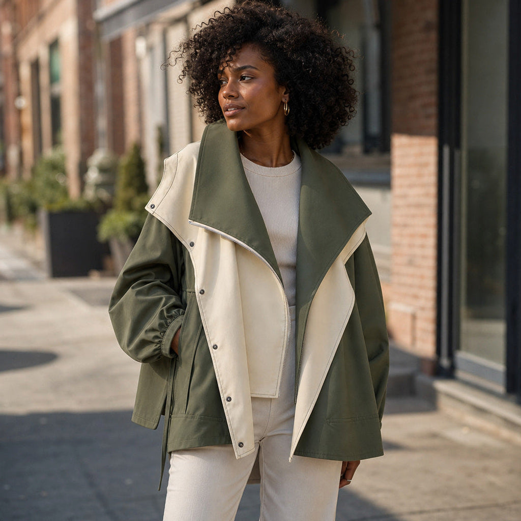 Irmhild | Boucléjacke mit Sturmkragen und asymmetrischem Verschluss Mintgrün – Gestyltes Editorial-Foto