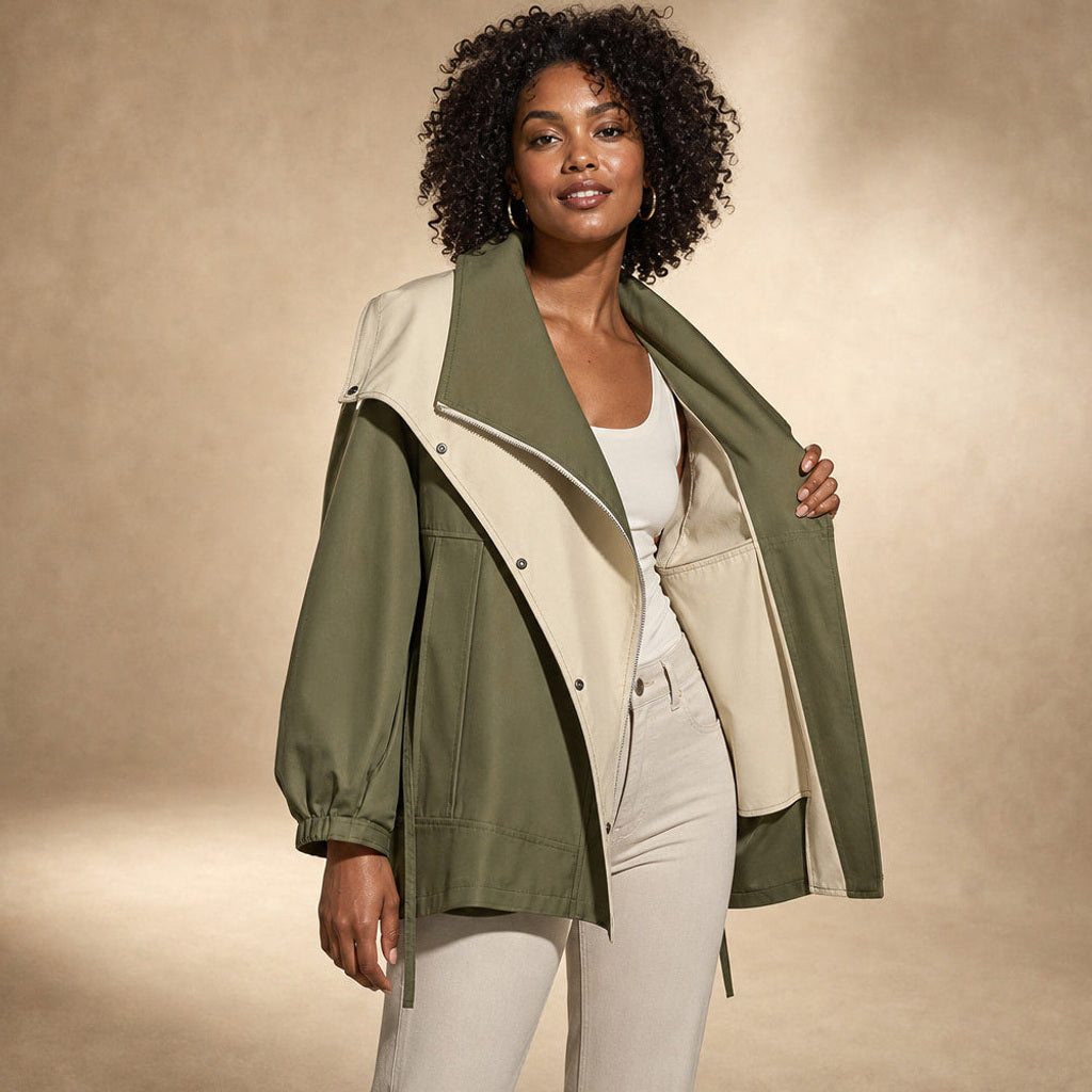 Irmhild | Boucléjacke mit Sturmkragen und asymmetrischem Verschluss Mintgrün – Innenfutter im Detail