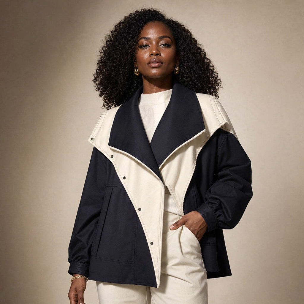 Irmhild | Boucléjacke mit Sturmkragen und asymmetrischem Verschluss in Mitternachtsschwarz – Premium Editorial