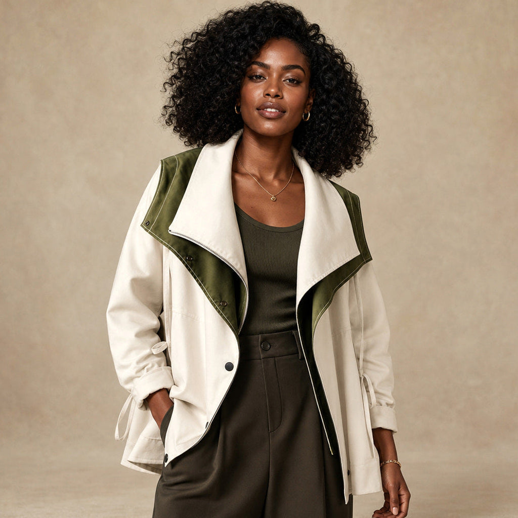 Irmhild | Boucléjacke mit Sturmkragen und asymmetrischem Verschluss Perlweiß – Produktfoto
