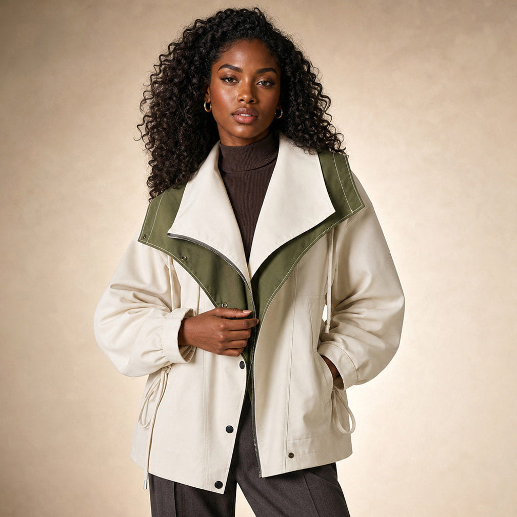 Irmhild | Boucléjacke mit Sturmkragen und asymmetrischem Verschluss in Perlweiß – Premium Editorial