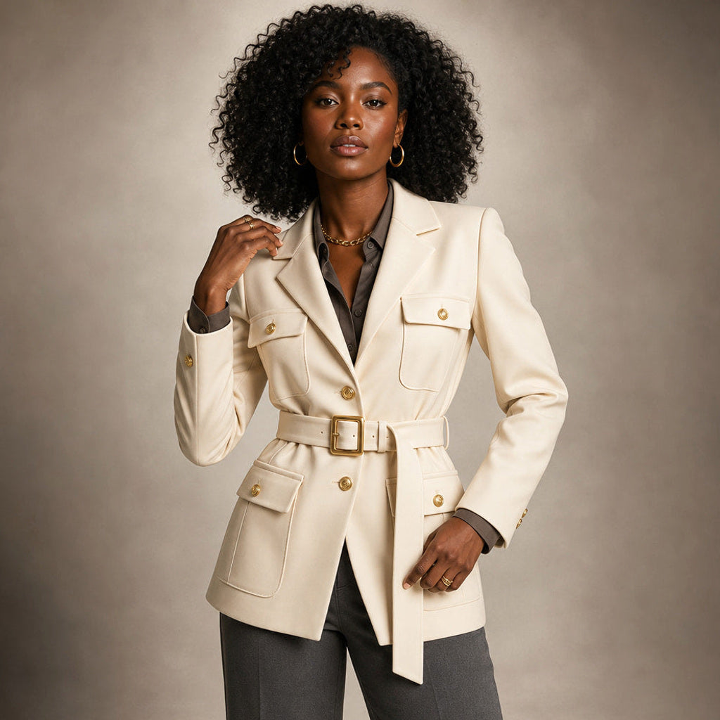 Irmtraud | Bouclé Jacke mit Bindegürtel und Knopfleiste Creme / Beige – Produktfoto